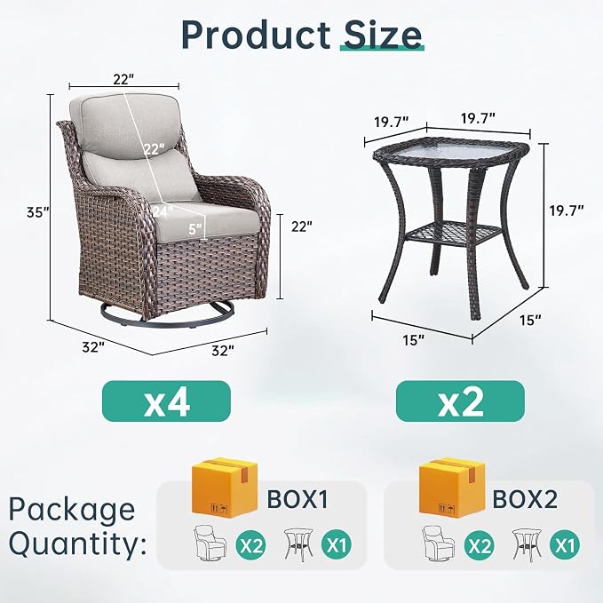 Outdoor Swivel Rocker Patio Chairs Set of 4 with Side Table - 5" Thick Cushion 6 Piece Furniture Set All Weather Comfortable Wicker Conversation Set for Porch Poolside and Deck - Brown/Beige