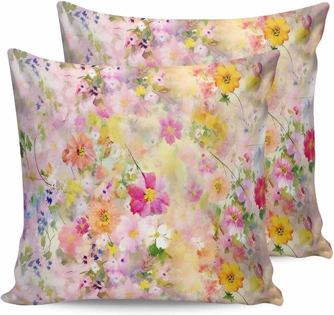 Abstract Outdoor Throw Pillow Covers Pack of 2, Spring Oil Painting Plant Colorful Flowers Waterproof Pillow Covers Pillowcase for Outside Furniture Bench Patio Garden Decorative, 20"x20"