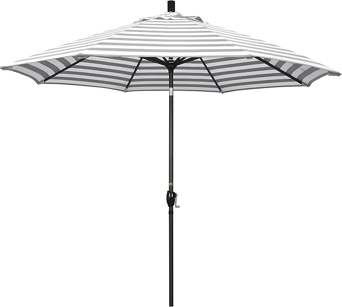 California Umbrella 9' Round Aluminum Market Umbrella, Crank Lift, Push Button Tilt, Black Pole, Gray/White Olefin