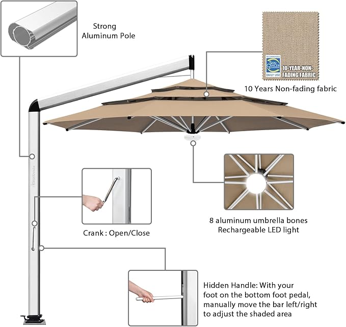 EliteShade USA Atlas 3-Tier 11FT Full Aluminum Cantilever Patio Umbrella for Outdoor restaurant Garden Courtyard Deck Pool and Marketing with Light,Heather Beige