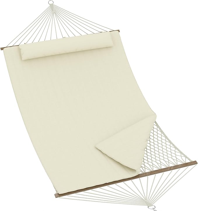 2 Person Outdoor Hammock with Stand, Cotton Rope Hammock with Polyester Pad, Adjustable Steel Frame, 2-in-1 Hammock for Patio, Backyard, Garden, Beach (Beige