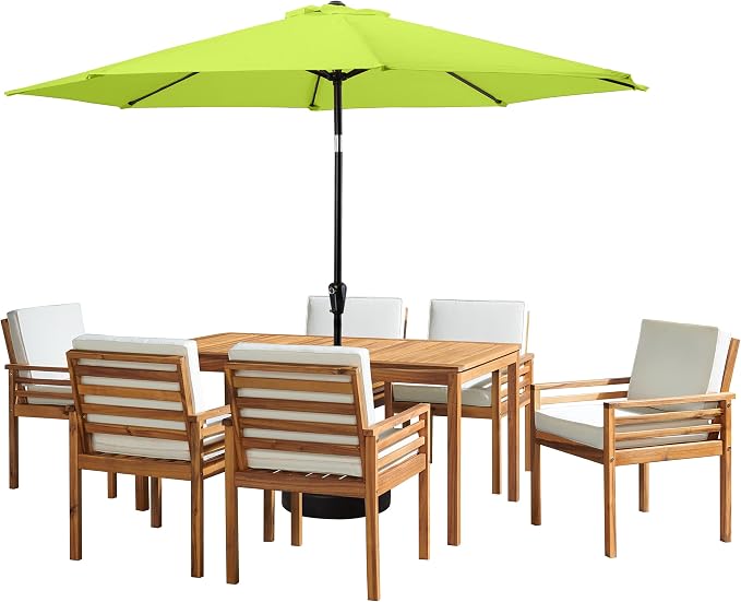 Alaterre Furniture Okemo 8 Piece Outdoor Dining Set with Umbrella - Solid Acacia Wood Outdoor Furniture Set with 63” Patio Table, 6 Patio Chairs and 10ft Lime Green Umbrella