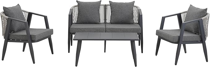 Montary 4-Piece Outdoor Patio Furniture Set, U-Shaped Iron-Frame Conversation Set with Weather-Resistant Cushions & Metal Coffee Table - Durable for Garden, Backyard, Balcony, Poolside (Gray)