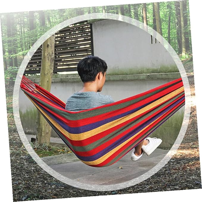 Beaupretty Canvas Camping Hammock and Swing Hanging Chair, Portable 190x85cm Rainbow Striped Outdoor Hammock for Garden, Patio, and Indoor Use