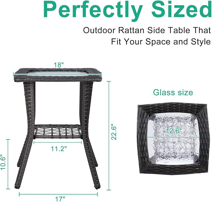 Outdoor Side Table with Storage Wicker Patio Side Table, Tempered Glass Top End Table for Balcony Porch Deck (Grey)
