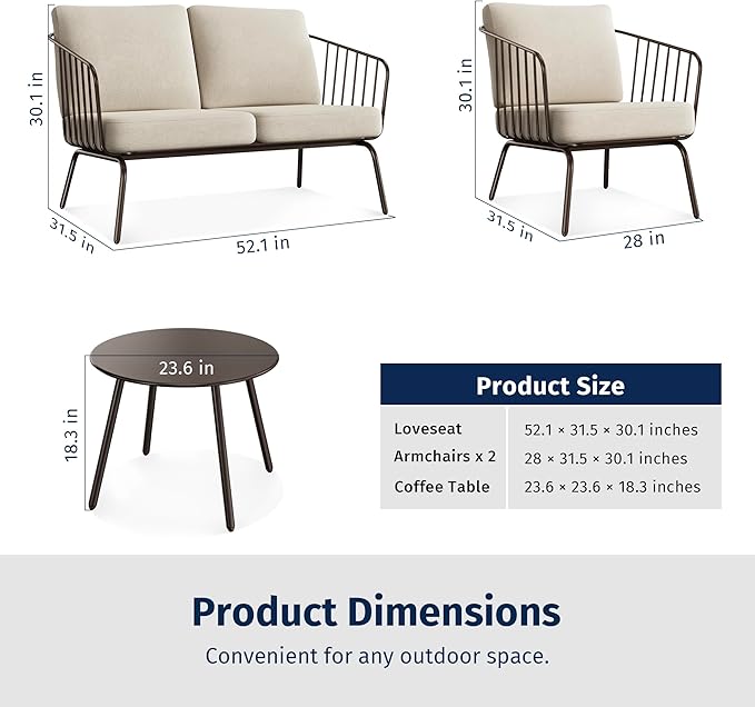 East Oak 4-Piece Plaza Patio Furniture Set, Outdoor Furniture with Thick Cushion Sofa and Coffee Table, Modern Patio Conversation Set for Garden, Backyard and Porch, Brown & Beige