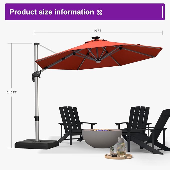 PURPLE LEAF 10ft Patio Umbrella with Lights Outdoor Round Cantilever Solar Powered LED Umbrella with 360-degree Rotation for Garden Deck Pool Patio, Brick Red
