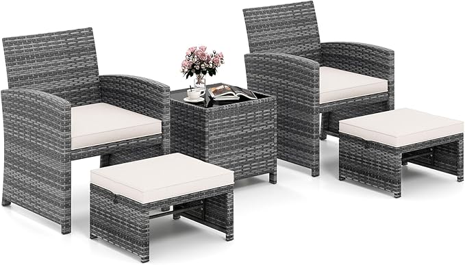 Tangkula 5 Pieces Patio Conversation Furniture Set, PE Wicker Outdoor Cushioned Chairs with 2 Ottomans, and Storage Coffee Table, for Porch, Garden and Balcony