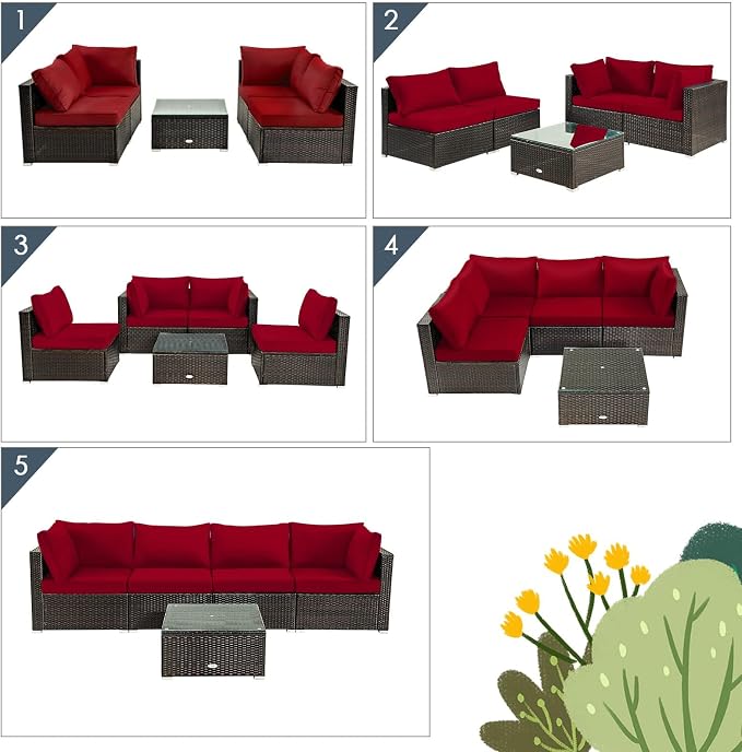 DORTALA 5 Pieces Patio Furniture Set, Outdoor Rattan L-Shaped Corner Sofa Set with Cushions, Coffee Table, Patio Sectional Conversation Set for Backyard Porch Garden Poolside, Red