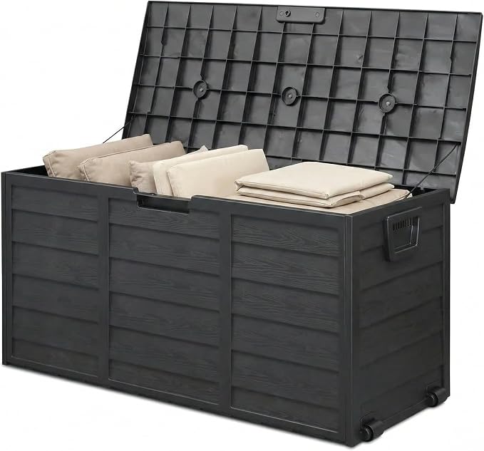 75 Gallon Outdoor Storage Deck Box, 280L Weather Resistant Resin Garden Storage Chest with Lockable Lid and Portable Rollers, Large Patio Box for Furniture Cushions and Tools, Black