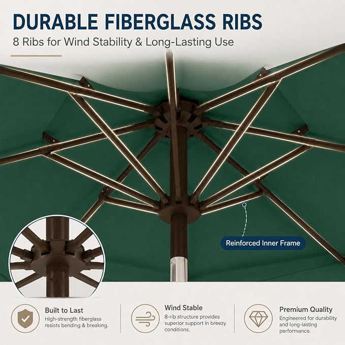 10ft Patio Umbrella, 3-Tier Vented Outdoor Table Umbrella with 8 Sturdy Fiberglass Ribs, Windproof Market Umbrella with Push Button Tilt and Crank, UV Protection for Deck, Pool, Forest Green