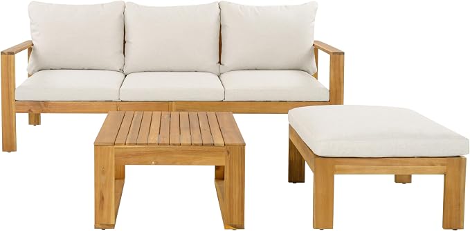 JIVOIT Acacia Wood Sectional Patio Furniture Set, Outdoor 3 Pieces Conversation Set with Acacia Wood Coffee Table for Backyard Porch Garden Balcony