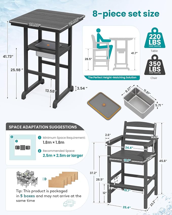 SERWALL Adirondack Bar Chairs and Table 8 Pieces Set, HDPE Bar Height Chairs Set of 2 and Bar Table with Ice Bucket, Outdoor Bar Stools Set for Dining, Balcony, Poolside, Backyard, Grey