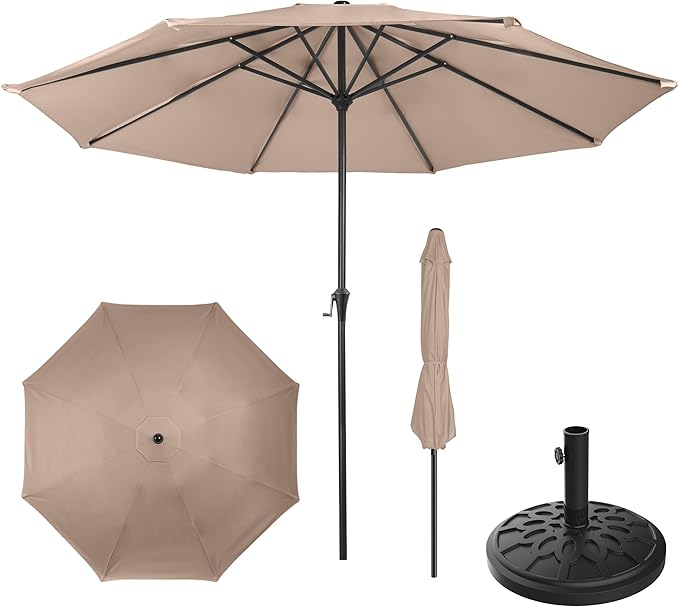 Pure Garden 9FT Round Patio Umbrella with 19lb Weighted Base - Easy Crank, Vented Canopy Outdoor Umbrella for Shade - For Deck, Balcony, Porch, Backyard, or Pool (Khaki)