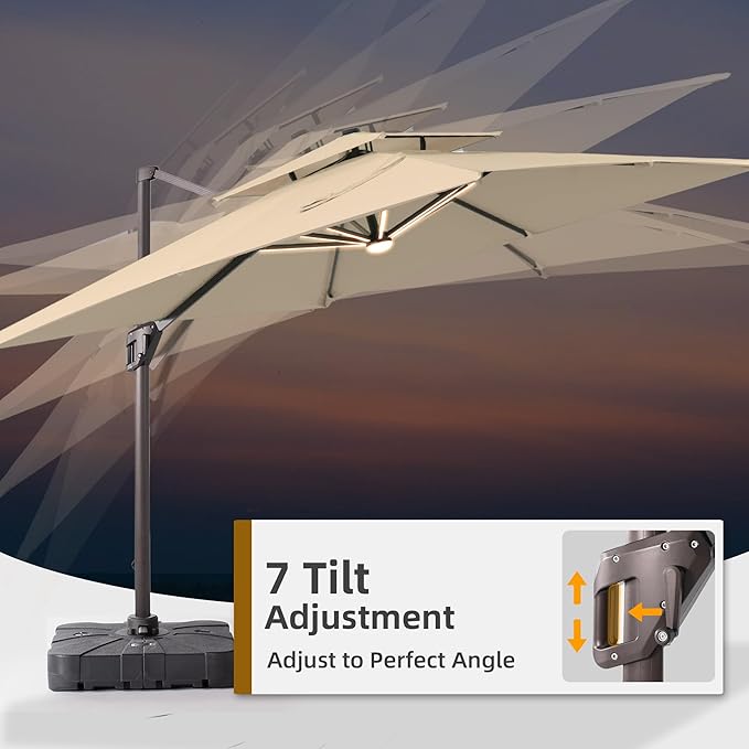 9x12 FT Patio Umbrella with Weighted Base and LED Lights Cantilever Outdoor Large Heavy Duty Rectangle Aluminum Offset Umbrellas Double Top 360 Rotation for Pool Deck Garden, Beige