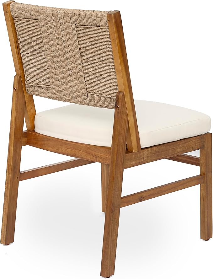 Christopher Knight Home 7 Piece Outdoor Dining Set, 71" Acacia Wood Patio Table with 6 Light Brown Wicker Chairs and Cream Cushions, Teak Finish Wood Dining Table Set for Backyard Garden Porch Deck