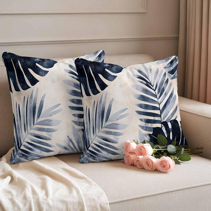 Pack of 2 Waterproof Outdoor Pillow Covers 18x18 Inch Decorative Pillow Covers Navy Blue Palm Leaves Throw Pillowcases Tropical Botanical Retro Outdoor Cushion Cover for Couch, Patio, Tent