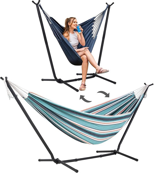 SUNCREAT 2-in-1 Convertible Backyard Fabric Hammock with Stand, Large Hammocks for Outside, Green & Orange