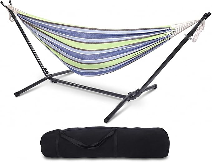103 Inch Portable Hammock with Stand Included, Heavy Duty Steel Frame with Comfortable Polyester Striped Swing Bed, Carrying Bag for Patio, Garden, Backyard, Indoor & Outdoor (Style B)