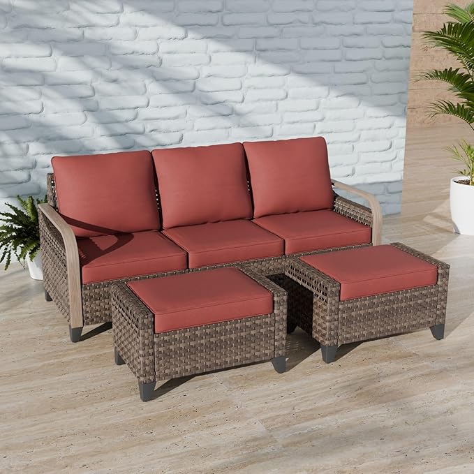 COOS BAY Modern Wicker Outdoor Furniture Set, 3 Piece Patio Conversation Set with a 3 Seat Couch and 2 Ottomans, 3 Piece, Brown/Red
