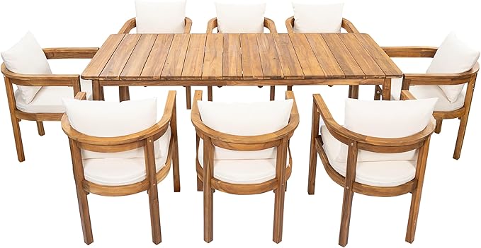 Christopher Knight Home Abaco Outdoor Acacia Wood Dining Table Set for 8, Outdoor Dining Set, Patio Table and Dining Chairs Set of 8 with Cushions, 9 Pieces Patio Set with Cushions, Beige and Teak