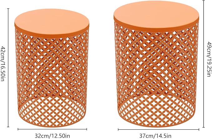 2PCS Outdoor Side Table, Modern End Table Cylindrical Metal Frame Accent Table, Metal Frame Accent Table for Gardens, Balconies, Bedrooms, Living Rooms (Orange)