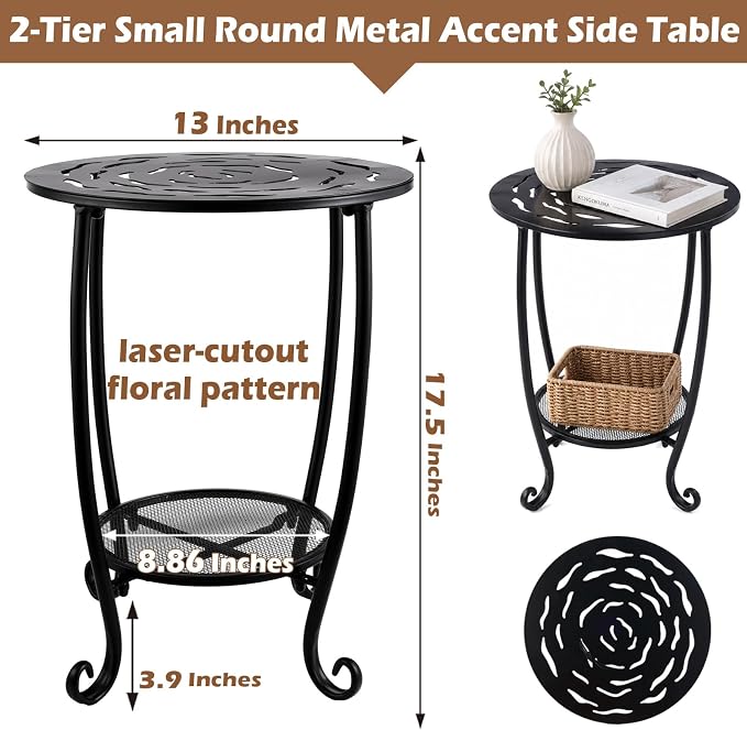 Metal Round Side Table Set of Two Black Accent Coffee Tables Small Space Corner Plant Stand Shelf for Indoor Outdoor Porch Patio Balcony Living Room End Table with Storage