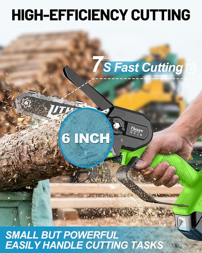 Fostex Mini Chainsaw Cordless, 6 Inch Handheld Electric Chain Saw, 2×2Ah Batteries & 2 Chains, Lightweight Small Tree Trimmer for Wood Cut, Yard & Garden, Ideal Gift for Dad, Men & Women (Green)