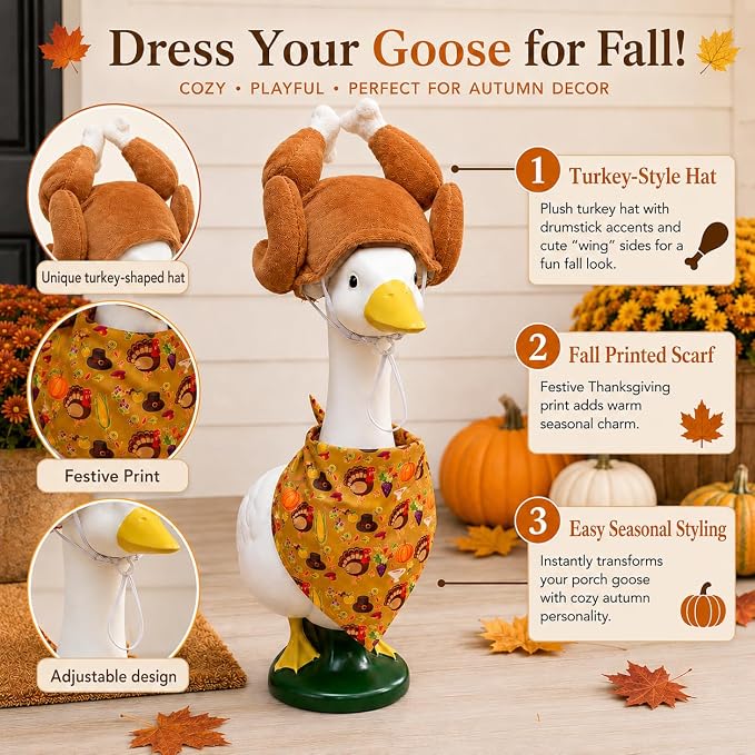 Thanksgiving turkey Porch Goose Outfit for 23"/17" Lawn Statue Yard Decor | Cute Porch Goose Fall Outfits with Turkey Hat Harvest Bandana Costume for Cement/Plastic Statues