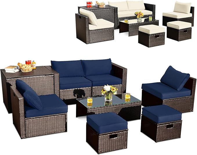 Tangkula 8-Piece Patio Wicker Furniture Set, Patiojoy Outdoor PE Rattan Conversation Set with Storage Box, Tempered Glass Table, 2 Ottomans, 2 Armless Sofas and 2 Corner Sofas, 2 Cushion Covers Set