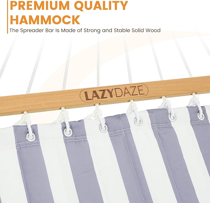 Lazy Daze Hammocks 12FT Quilted Fabric Double Hammock with Spreader Bars and Detachable Pillow, 2 Person, 450 lbs Capacity, Gray White