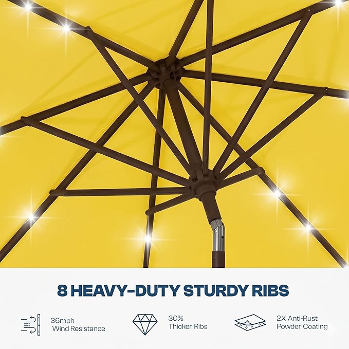 10FT Solar Lighted Patio Umbrella, Outdoor Table Market Umbrellas with Push Button Tilt and Crank, 32 LED Lights, 8 Sturdy Ribs, UV-Resistant for Deck, Garden, Pool