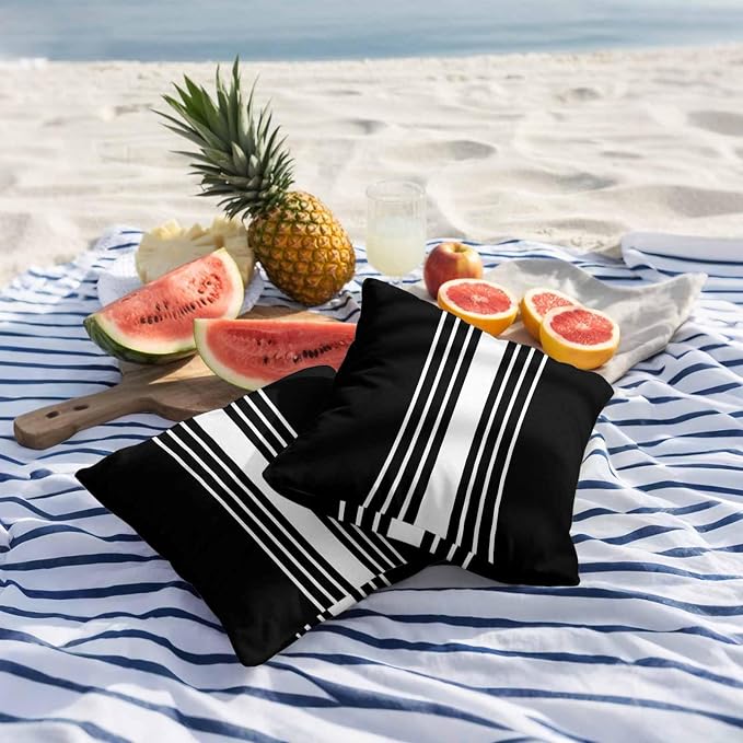 Black White Stripe Outdoor Pillow Covers 16x16 Inch Throw Pillow Covers Set of 2 Waterproof Decorative Pillow Cases Modern Rustic Vertical Striped Cushion Covers for Patio Furniture Garden Couch Sofa