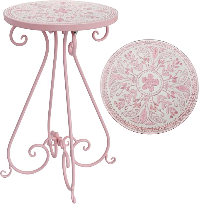 Outdoor Side Table & Mosaic Ceramic Plant Stand, 14" Metal Round End Table for Garden Home Patio Yard Porch Patio Decor Weather Resistant Outside Accent End Furniture (Flower#2)