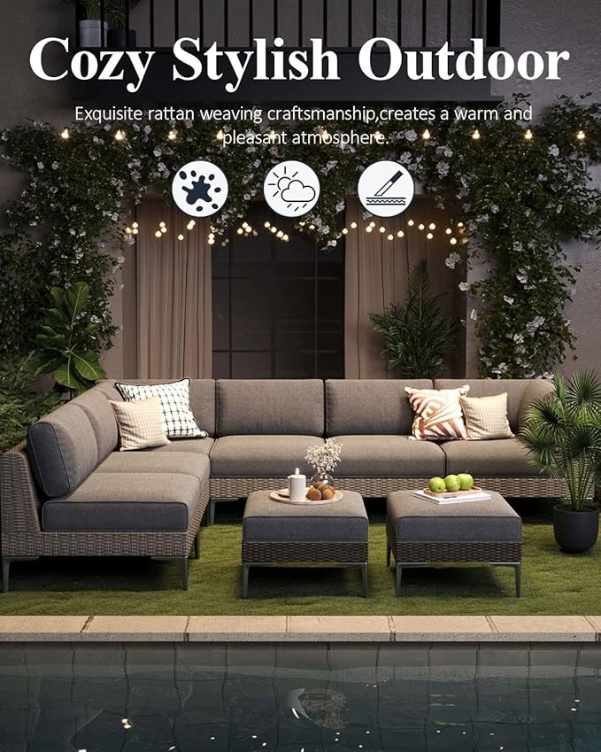 LayinSun 6-Piece Wicker Rattan Patio Furniture Set, Deep Seating Outdoor Modular Sectional Sofa Conversation Set with Thick Cushions for Lawn, Garden
