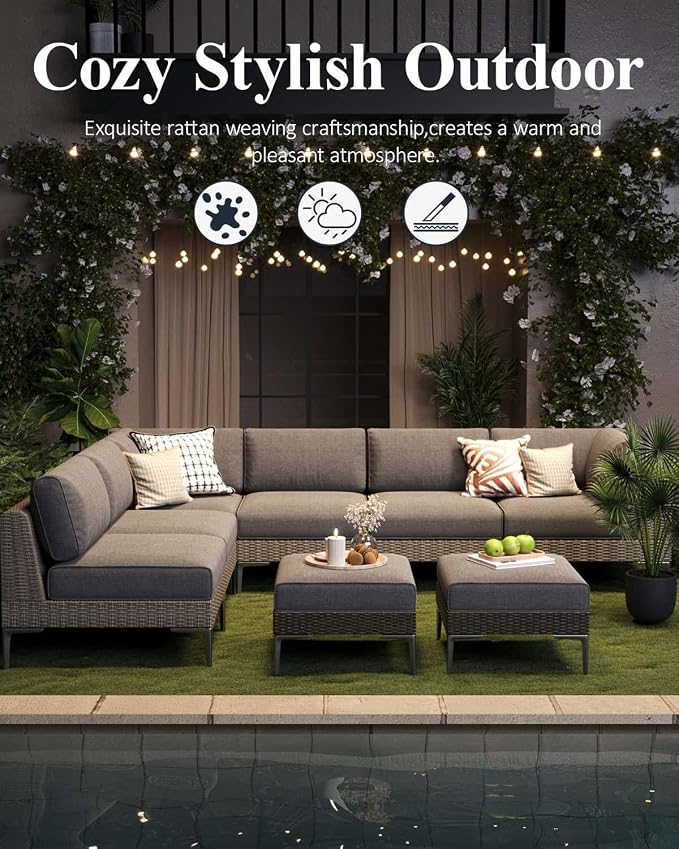 LayinSun 12-Piece Wicker Rattan Patio Furniture Set, Deep Seating Outdoor Modular Sectional Sofa Conversation Set with Thick Cushions for Lawn, Garden