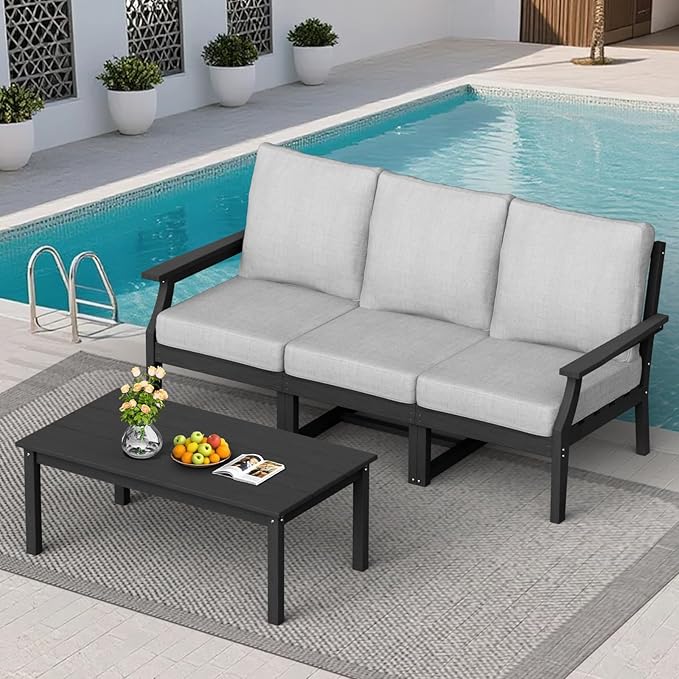 HDPE Patio Conversation Set, 4-Piece All Weather Outdoor Furniture Set with 3-Seater Modular Sofa for Deck, Lawn, with Cushion, Black