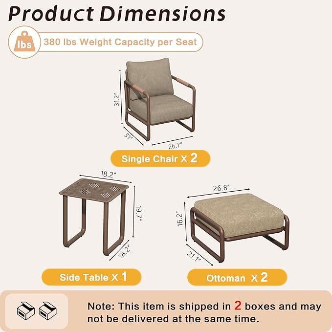 5-Piece Aluminum Patio Furniture Set, Spacious Deep Seating Chairs with 6.5-Inch Thick Cushions and Coffee Table, All-Weather Rust-Resistant Outdoor Seating for Backyard, Deck, Porch, Balcony