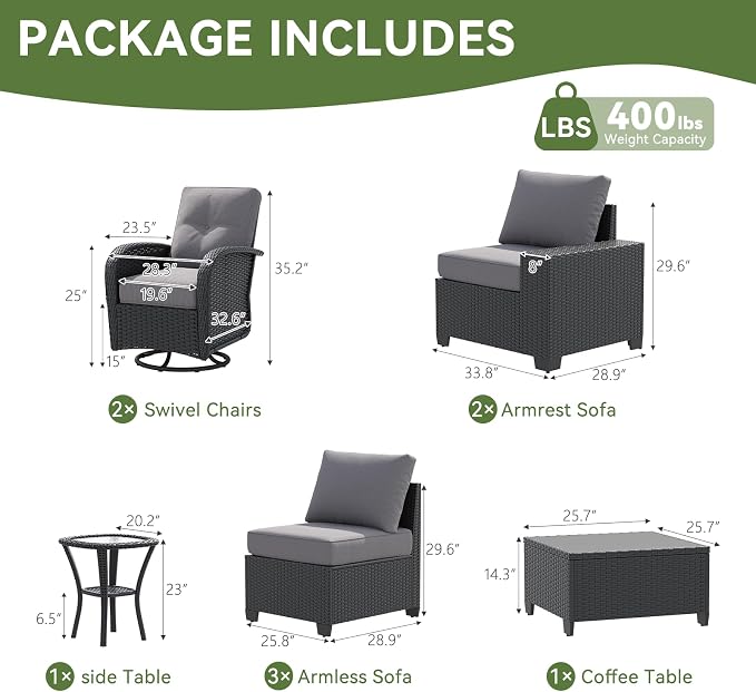 LazySunsets 9 PCS Patio Furniture Set, Outdoor Sectional All-Weather Wicker Conversation Set with Swivel Rocker Chairs, 4'' Thick Cushions for Backyard Poolside(Crey/Black)