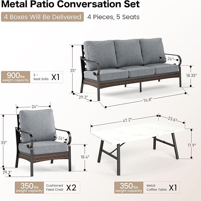 4 Piece Metal Outdoor Patio Furniture Set, Patio Conversation Sets 1 3-Seater Sofa, 2 Chairs with 5.75" Extra Thick Cushion and Coffee Table, Black Frame Backyard Furniture, Gray