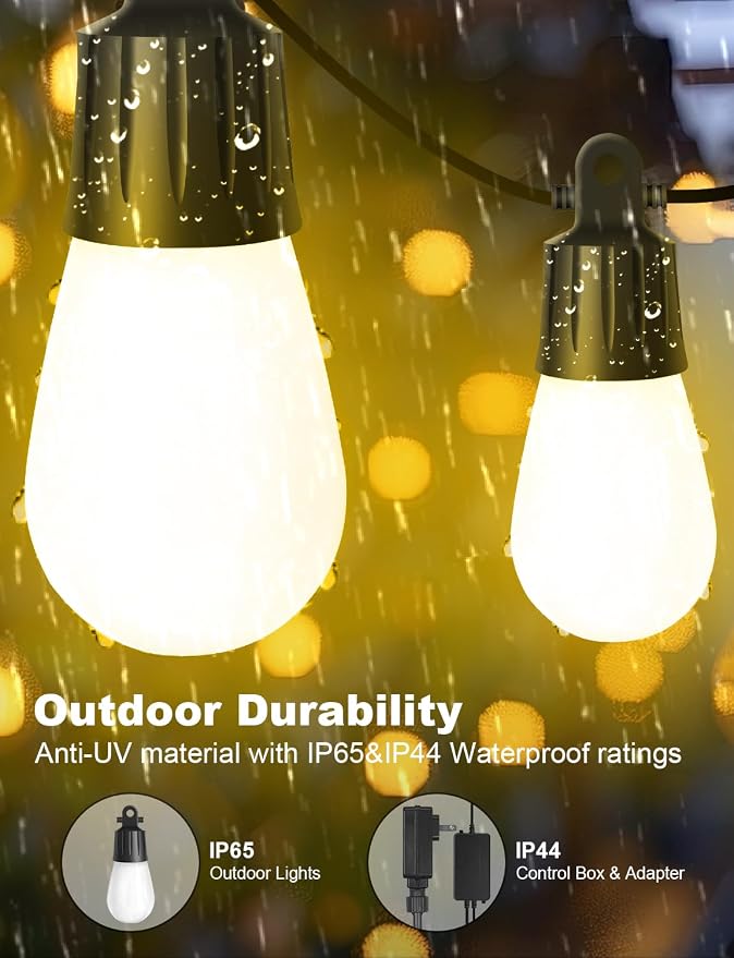 Outdoor String Lights 18 LED Bulbs, 64(52+12) ft RGB+IC+Warm White | APP Control with Remote，Outdoor Lights Music Sync for Garden Party Decor Christmas, NOT Extendable