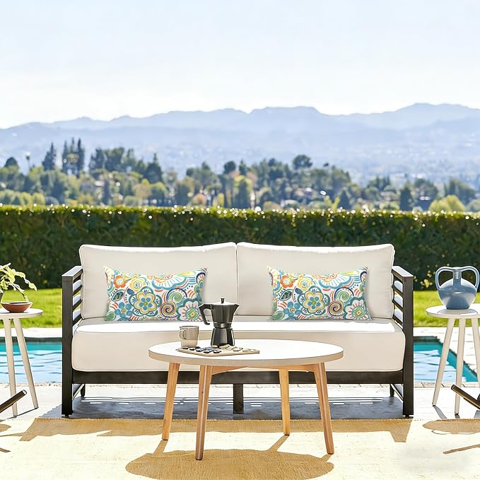 LVTXIII Outdoor/Indoor Lumbar Pillows, Decorative Patio Lumbar Cushions, Fluffy Water Repellent Garden Cushions for Home Patio Coach Sofa Use, 12×20 Inch, Pack of 2, Flower Blue