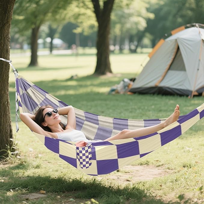 Purple and White American Plaid 330lb Capacity Outdoor Hammock with Portabl Carry Bag Rope Hammock for Indoor Outdoor Patio hamaca para adultos