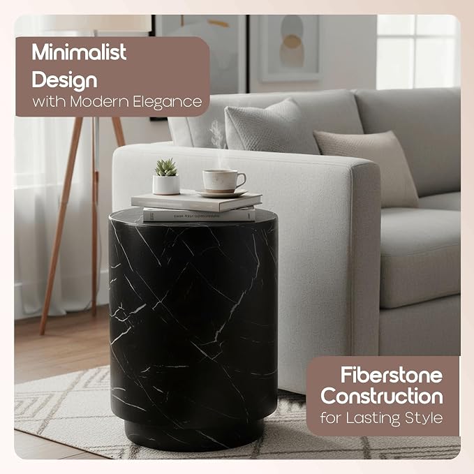 LeisureMod 14” Wide Round Side Table in Fiberstone with Travertine/Painted Finish Tapered Base Indoor and Outdoor Use for Modern Home, Living Room, Patio, Backyard Ramble Collection (Black Marble)
