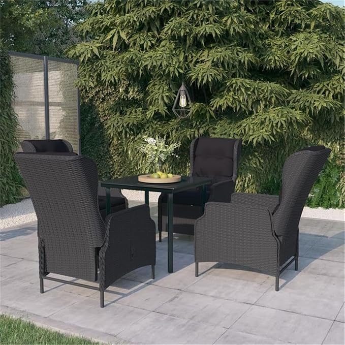BOWERY HILL Contemporary Patio Dining Set, 5-Piece, Synthetic Poly Rattan, Powder-Coated Steel Frame, Dark Gray/Black Finish, Cushioned Seating, Space-Saving Square Design for Outdoor Garden or