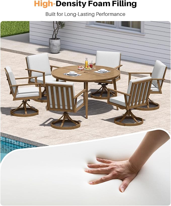 7-Piece Round Outdoor Dining Set, Never-Rust Aluminum Patio Swivel Dining Set, 51" Oversize Patio Dining Table with 6 Swivel Chairs, Outdoor Round Dining Sets for Backyard, Deck, Garden, Teak