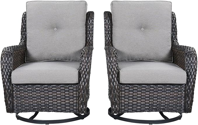 Rilyson Wicker Rocking Chair Swivel Chairs - 2 Piece Rocker Patio Chairs Set Rattan Rocking Chair for Outdoor Porch Deck Garden Backyard (Brown/Grey)