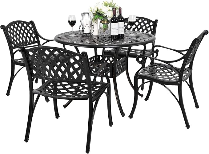 NUU GARDEN 5 Piece Outdoor Patio Dining Set, Cast Aluminum Round Dining Table with Umbrella Hole and Patio Dining Chairs for Patio, Garden, Backyard, Balcony, Black with Bronze Edge