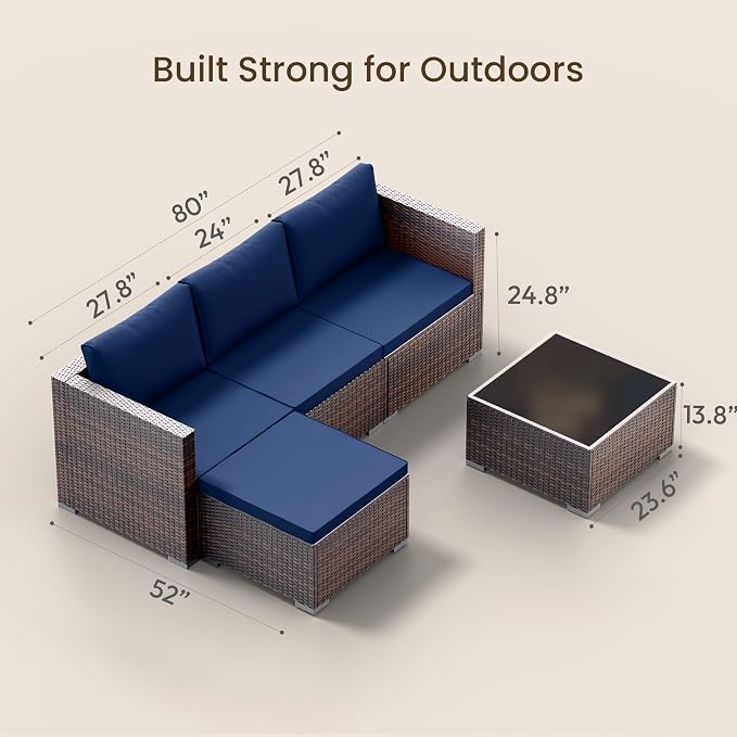 Patio Furniture Set - All-Weather -5 Piece Outdoor Patio Conversation Couch Sets, Modular Wicker Rattan Sectional Sofa for Garden, Patio, Poolside, Backyard, Balcony, Porch,Navy Blue