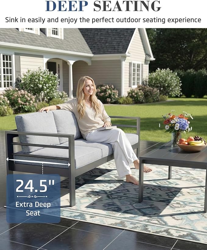 AECOJOY Aluminum Patio Furniture Set, 9 Seats Modern Outdoor Furniture with Coffee Table, 7 Pieces Metal Conversation Sectional Sofa, Light Gray